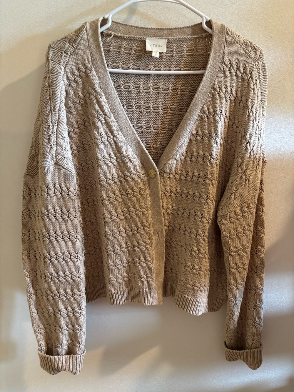 Cyrus Beige Open-Knit V-Neck Cardigan